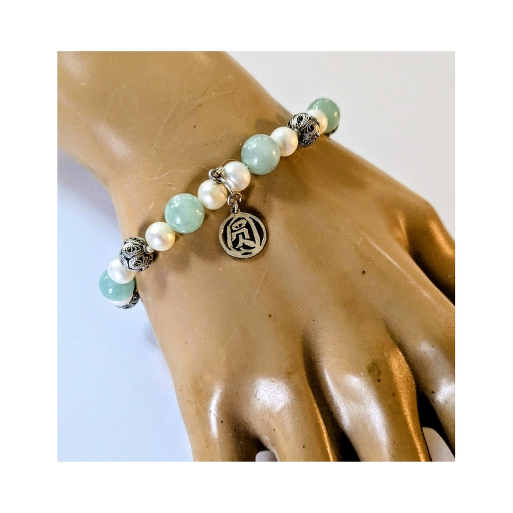 STERLING SILVER JADE & PEARL BEADED ASIAN STYLE PROSPERITY BRACELET BJ 925 7.75